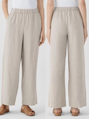 Eileen Fisher Organic Linen Wide-Leg Pant Flax Oatmeal Size Small